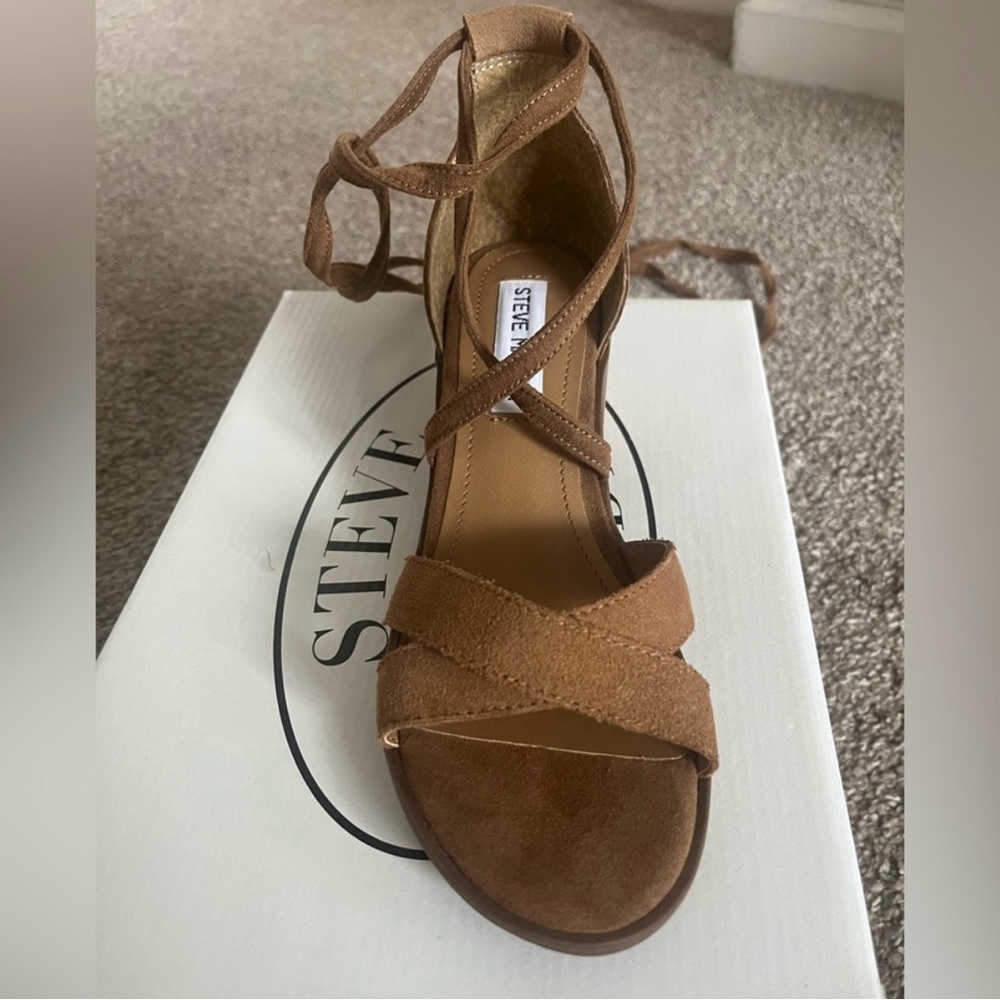 Steve Madden Brown Suede Block Heel Sandals - Picture 2 of 12